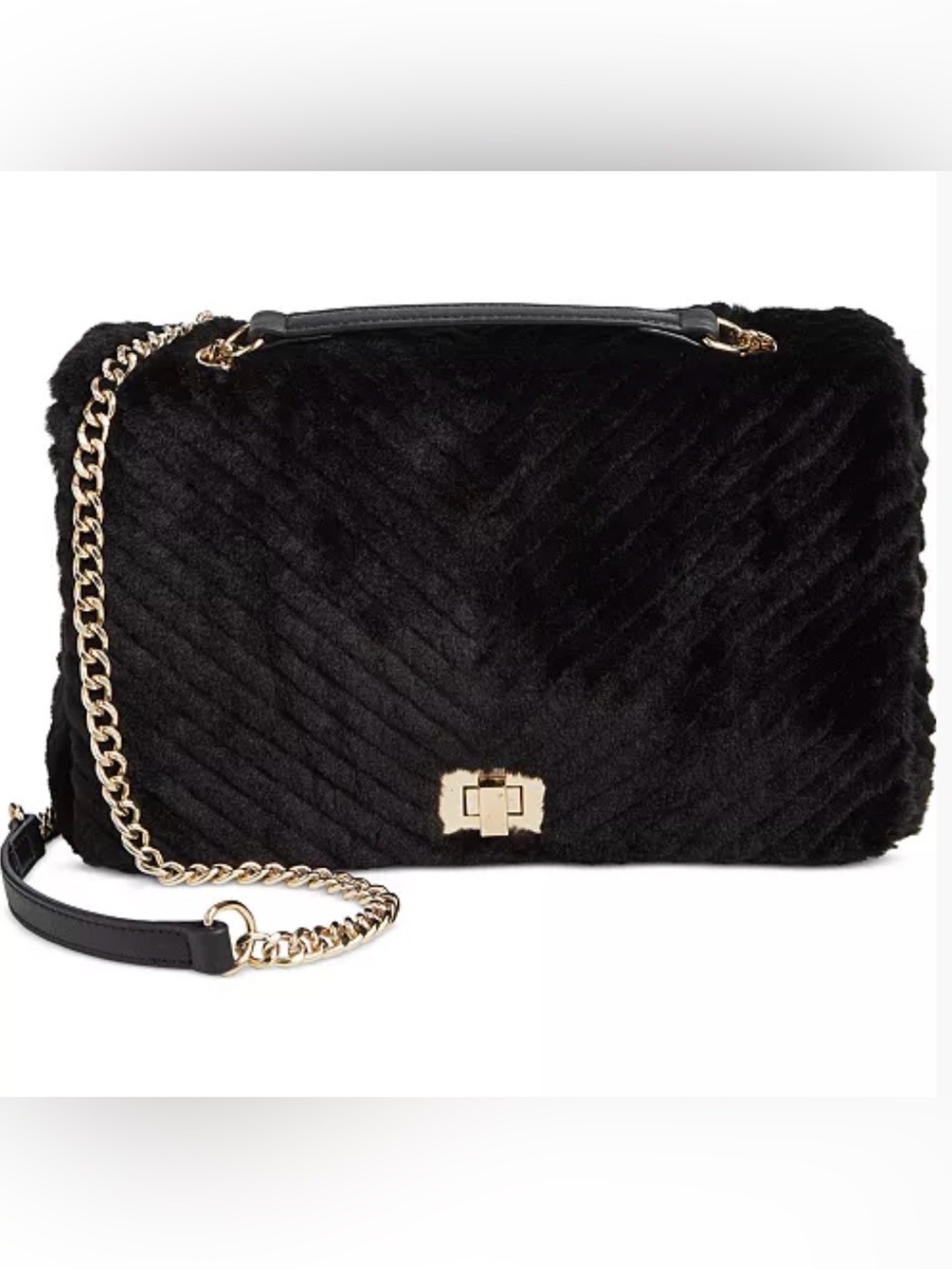INC International Concepts Black Quilted Faux-Fur Crossbody with Gold Chain